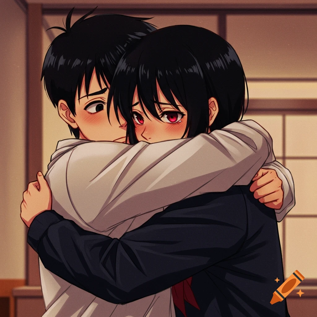 Anime of two characters, a boy and a girl, hugging each other.