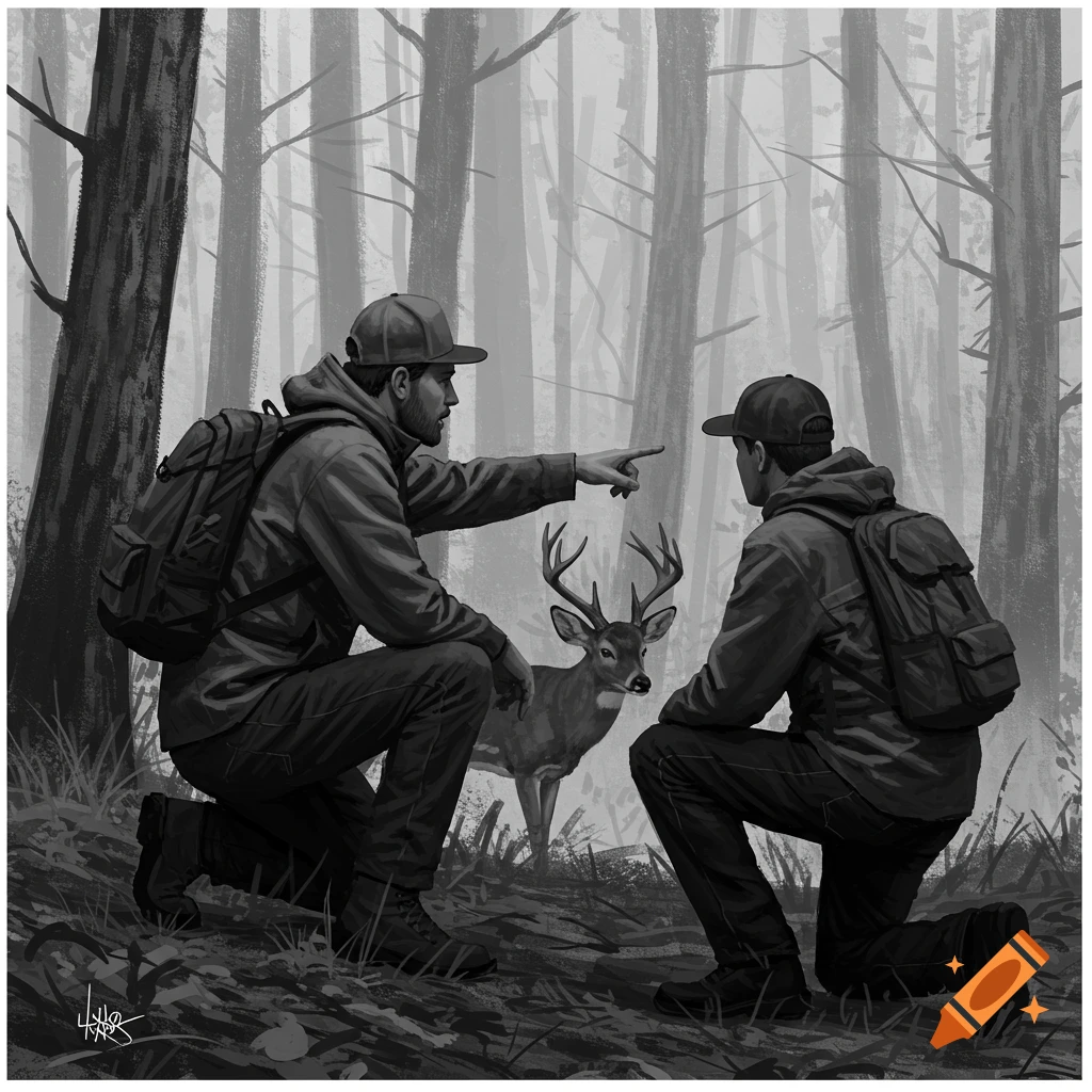 Two men kneeling, one pointing at a deer in a misty forest, in black and grey.