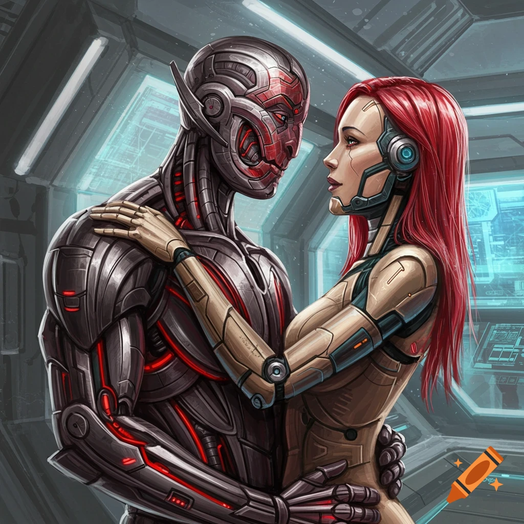 Two cybernetic figures, Ultron and Jocasta, embracing in a futuristic setting.