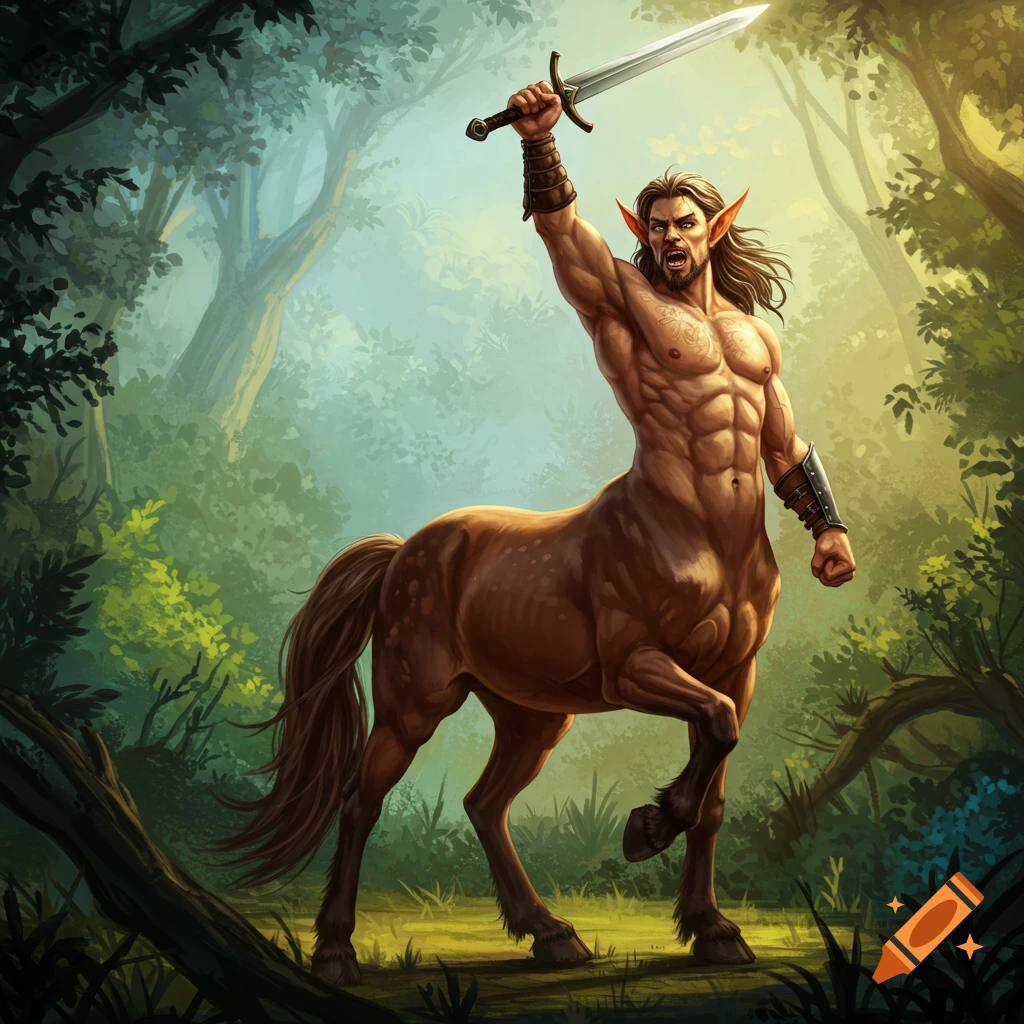 A muscular centaur holding a sword aloft in a forest.