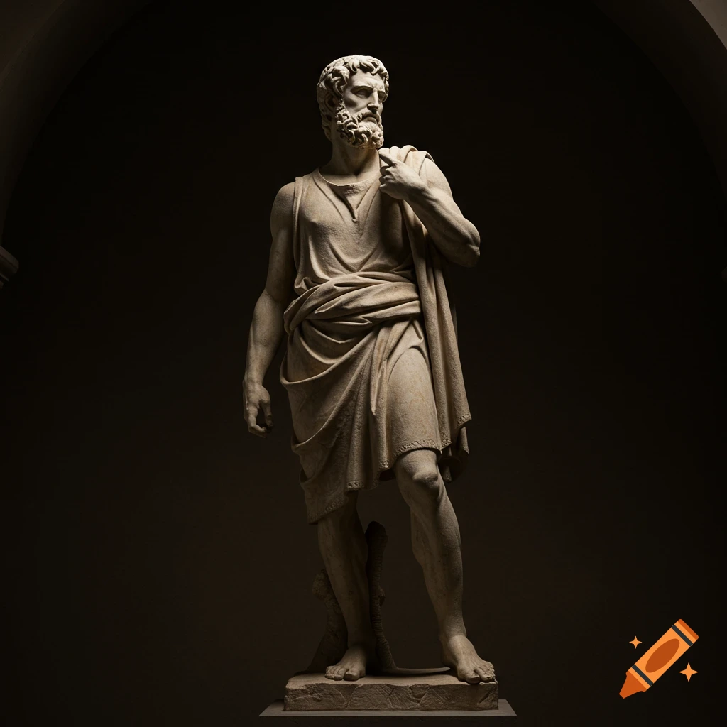 A classical male statue illuminated in a dark setting.