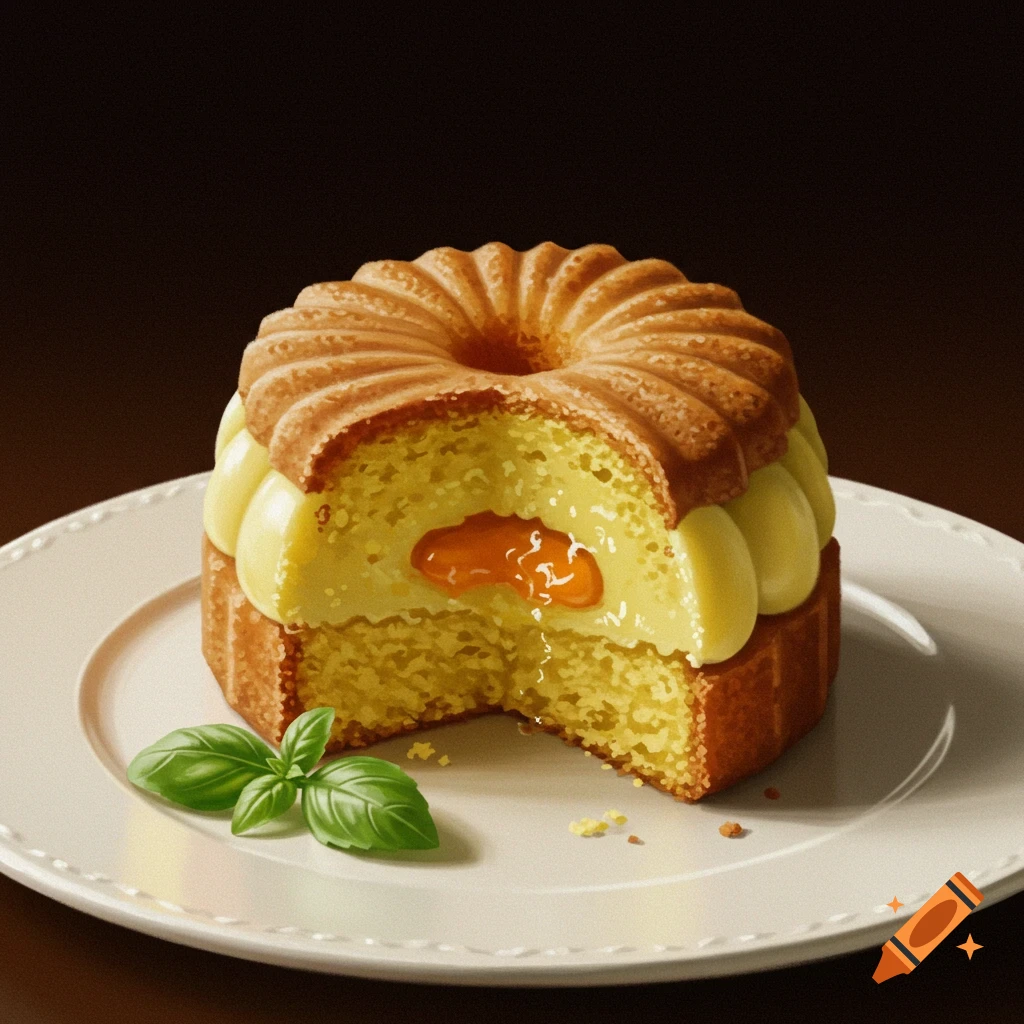 A slice is missing from a lemon basil bundt cake on a white plate, showing a yellow interior with a filling.