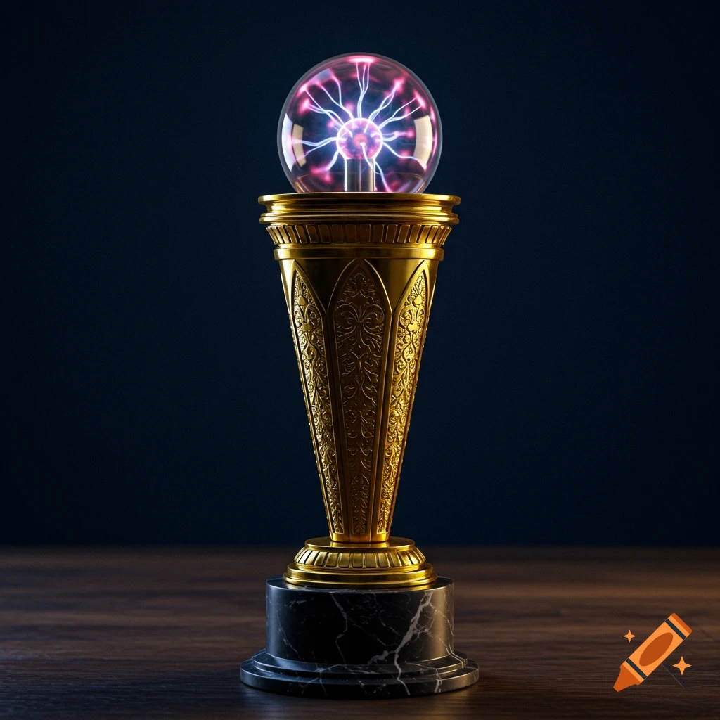 A photorealistic image of a golden award statuette with a plasma ball on top, sitting on a pedestal.