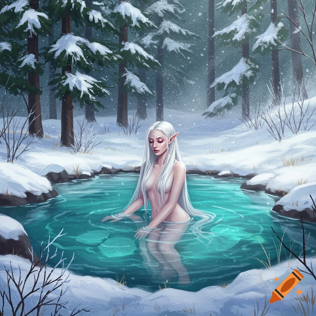 A female elf with long silver hair bathing in a clear pond in a snowy forest.