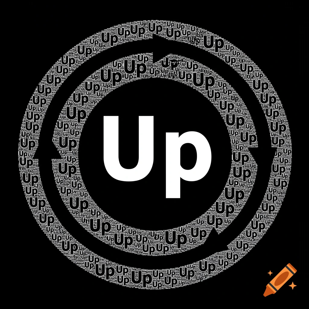 Black and white graphic design with a large 'Up' in the center and concentric rings of smaller 'Up's and arrows.