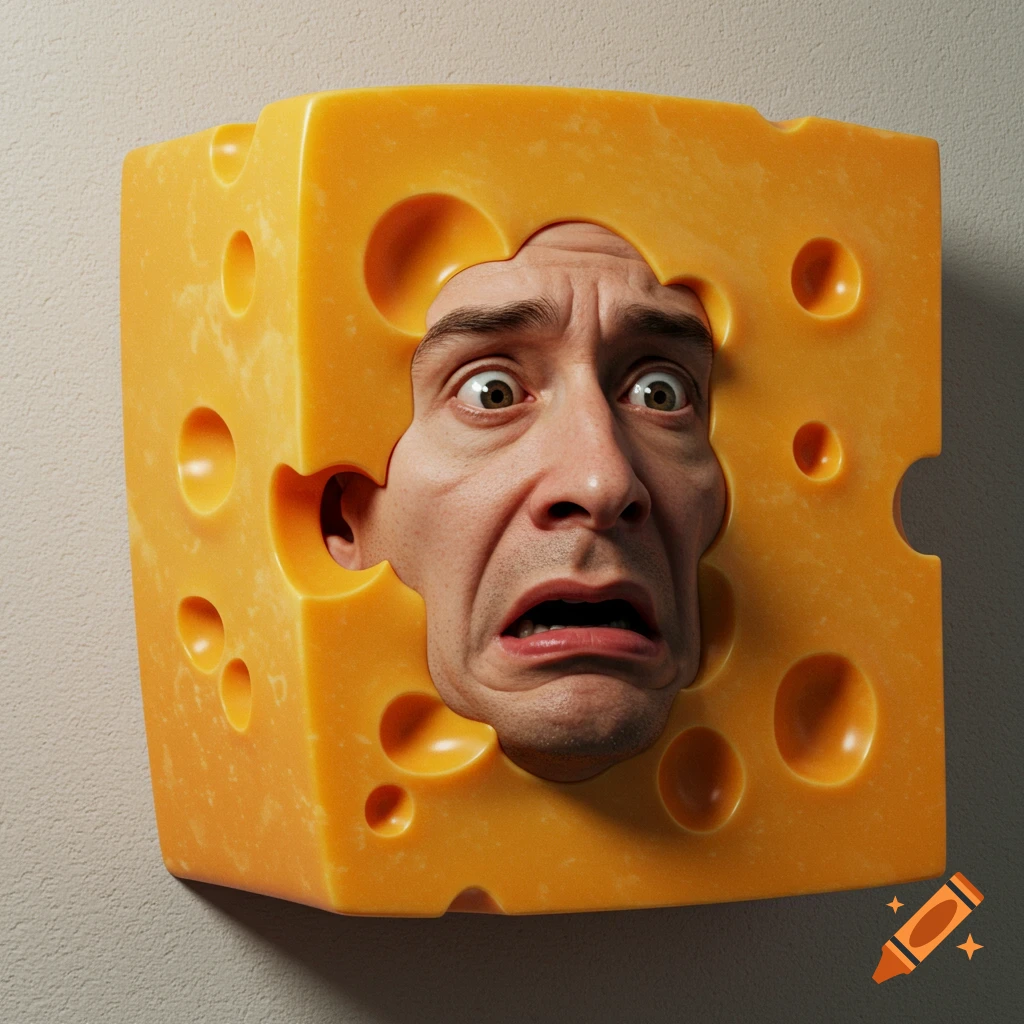 Man's face stuck in a block of swiss cheese on a wall