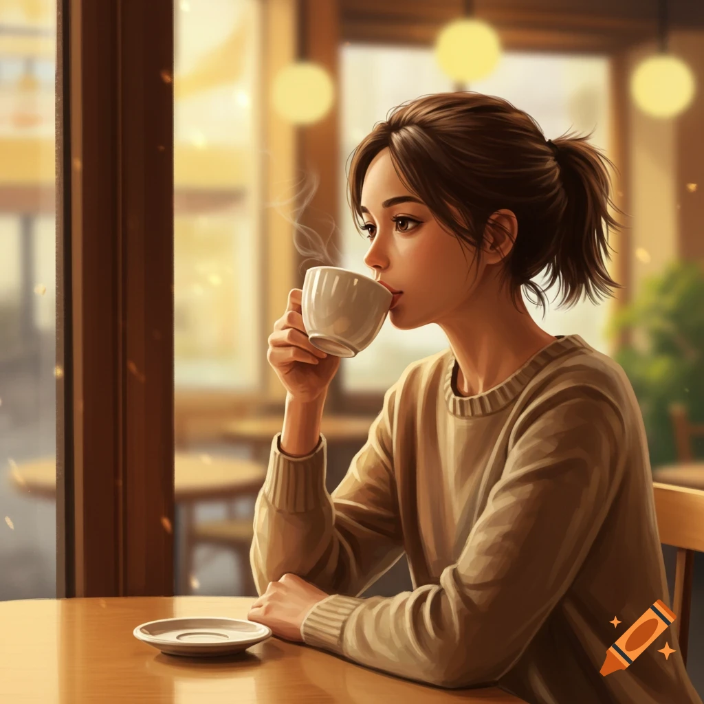 A woman drinks coffee in a sunlit cafe