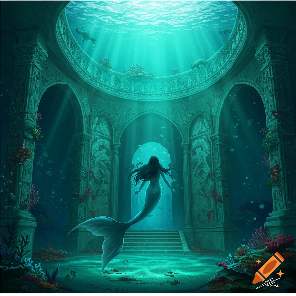 A mermaid swims in sunlit ancient underwater ruins