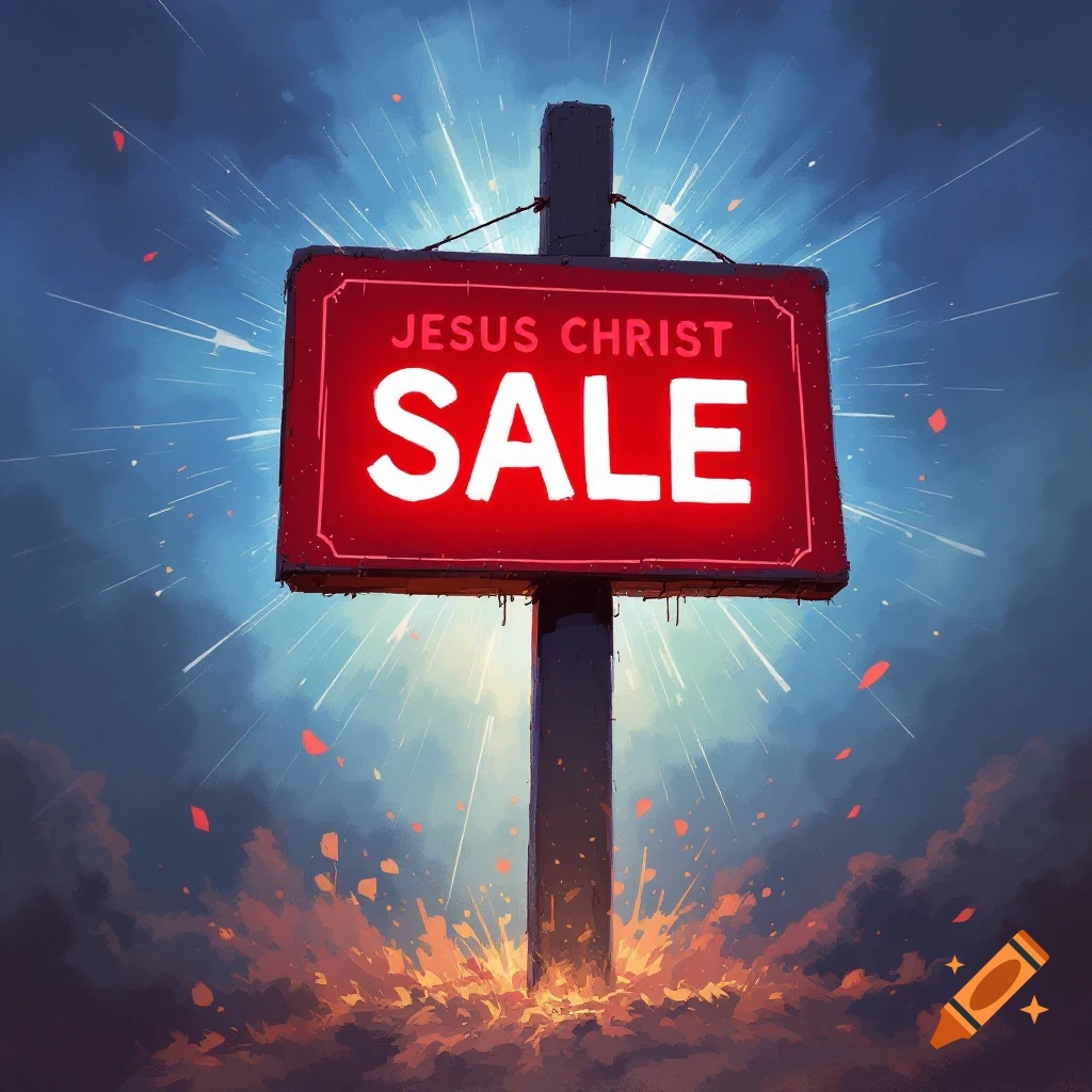 A red sign reads 'JESUS CHRIST SALE' amidst dramatic light rays and fiery ground effects.