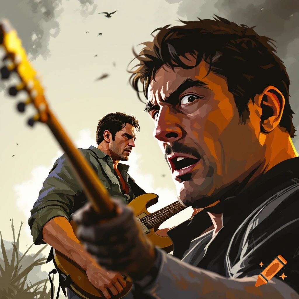 Two men playing electric guitars in a dynamic video game art style
