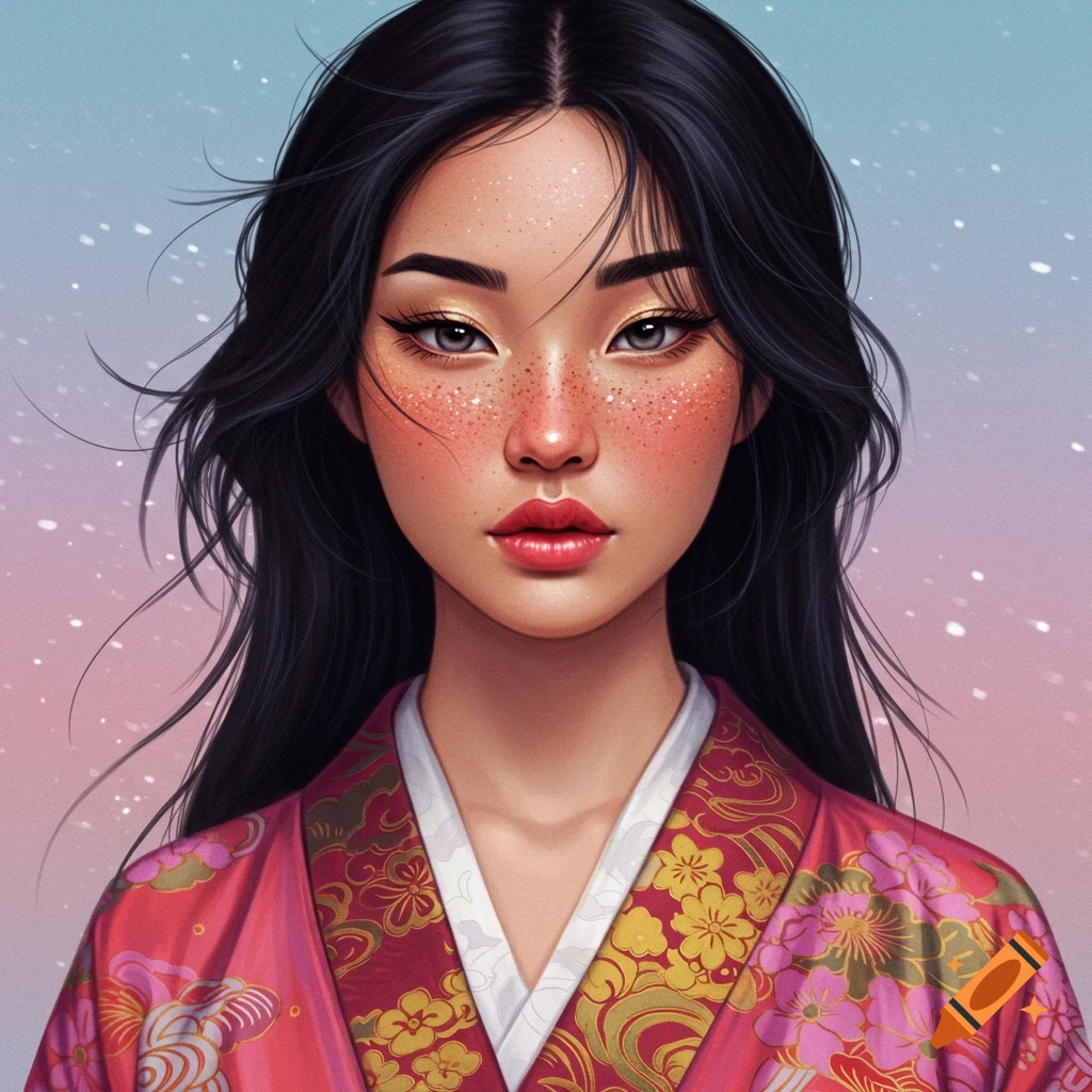 Digital portrait of a woman with long black hair and freckles, wearing a pink and gold kimono.