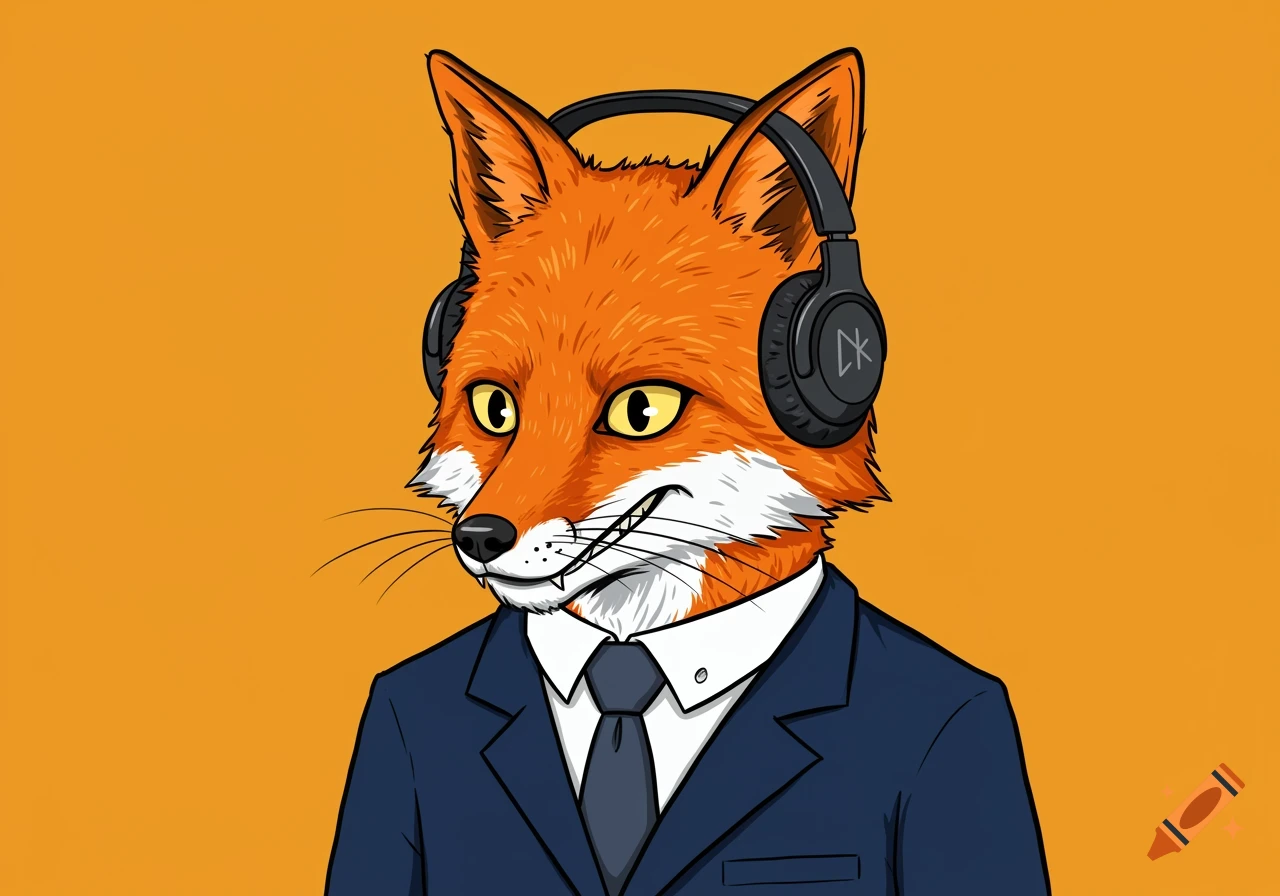 Cartoon fox wearing a suit and headphones on an orange background.