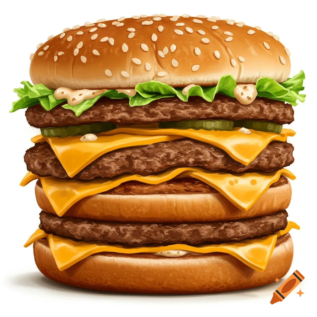 A tall burger with multiple patties and cheese layers on a white background.