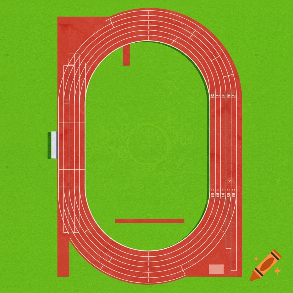 Top-down illustration of a red track and field stadium on green grass.