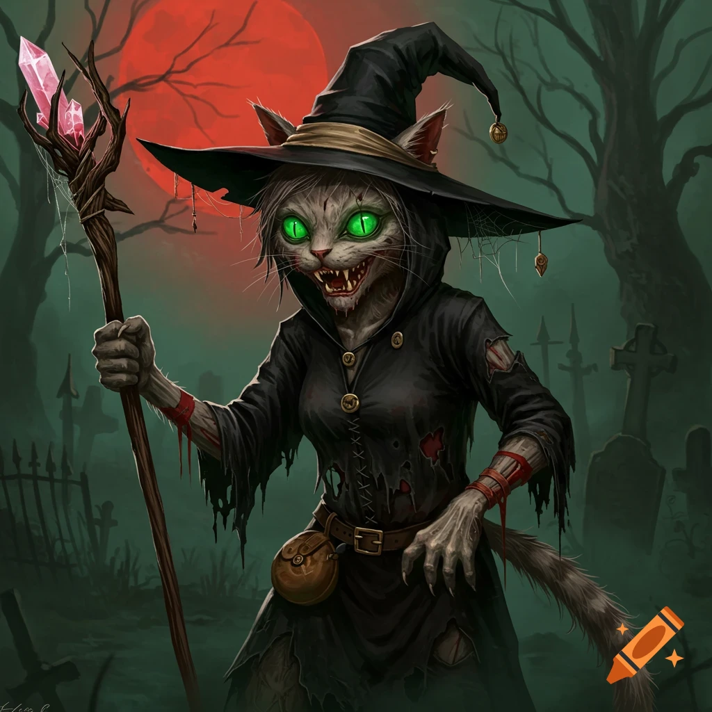 A zombie cat witch holds a staff in a graveyard under a red moon.
