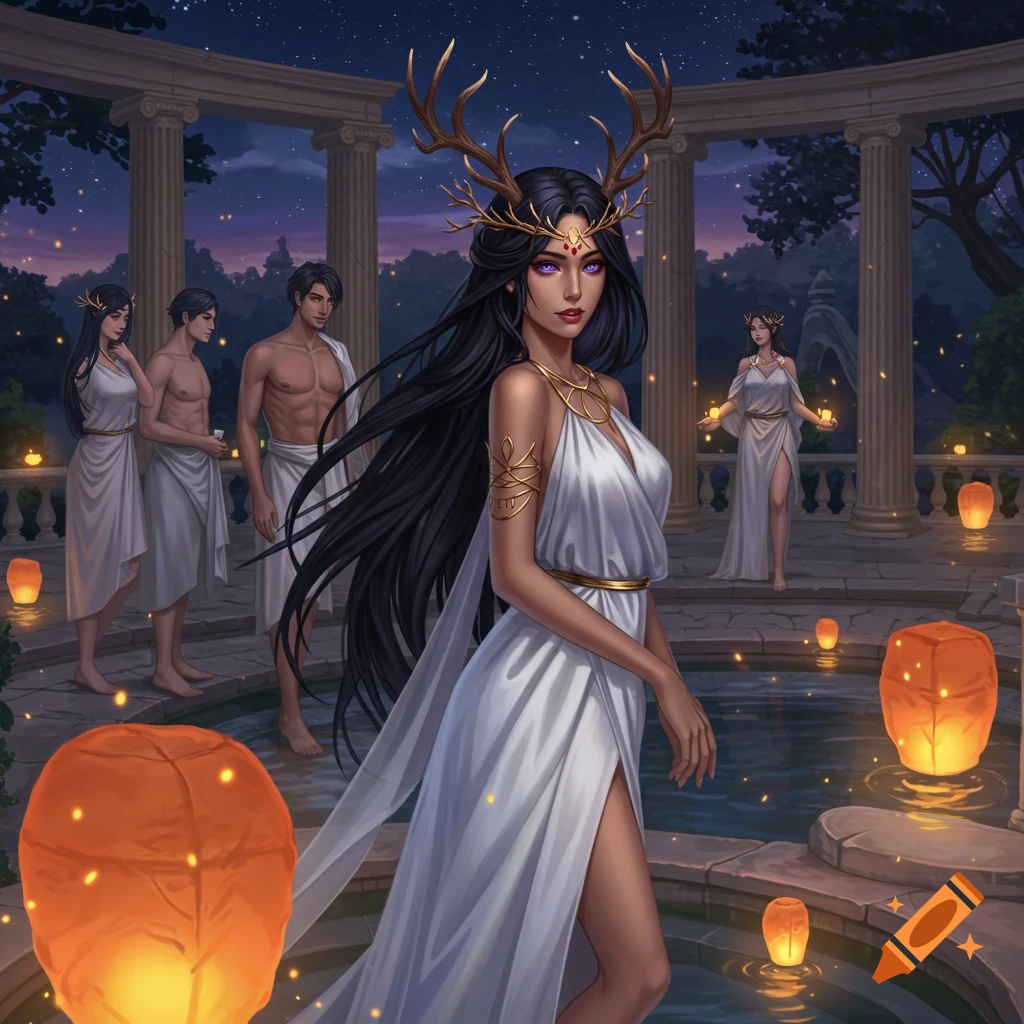 A woman with antler crown and long black hair in a flowing white dress stands by a pool in a Roman garden with lanterns at night. Anime style.