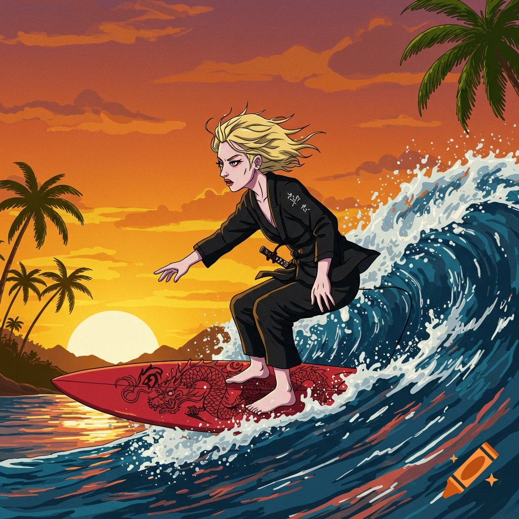 A woman in a martial arts uniform is surfing a wave at sunset with palm trees.
