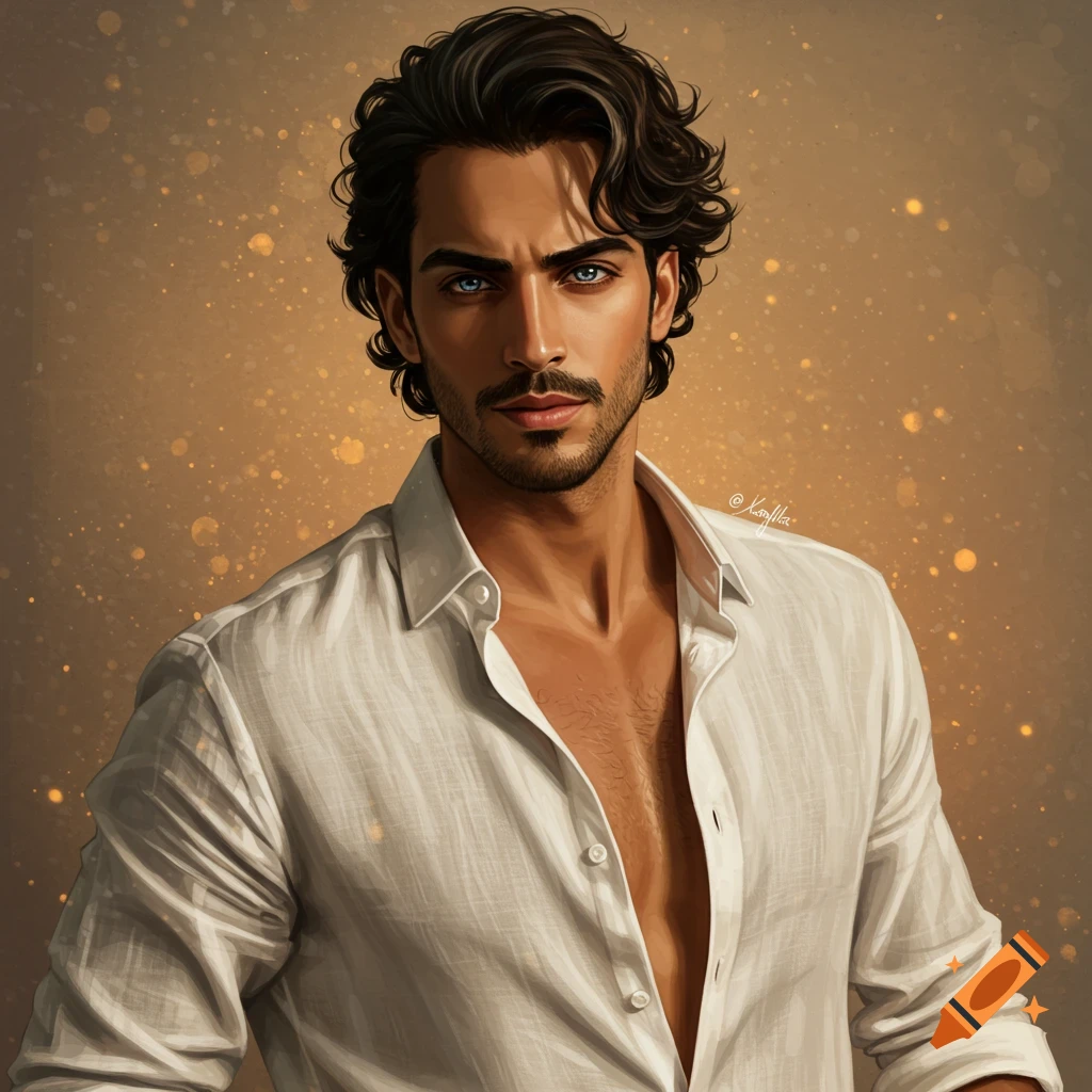 Portrait of a man with dark curly hair, blue eyes, and an unbuttoned white shirt.