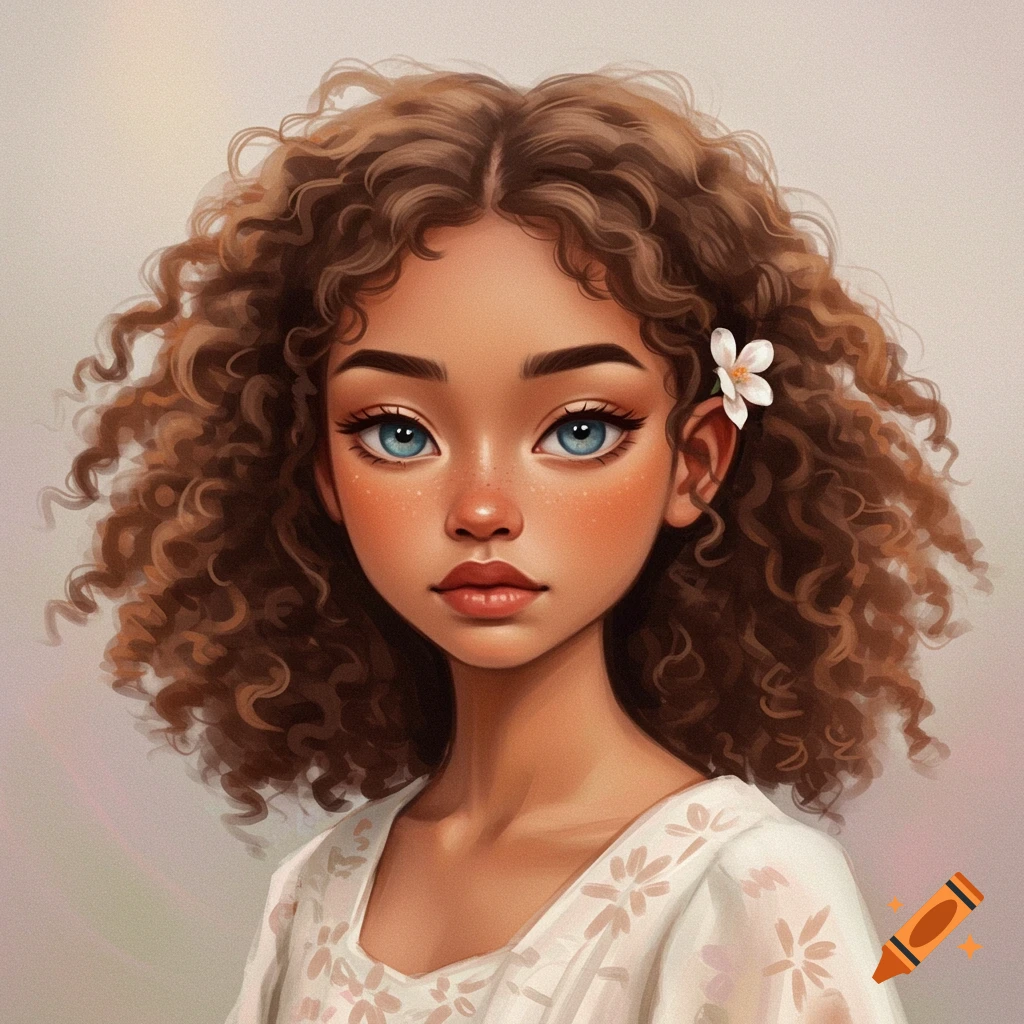 A girl with curly brown hair and blue eyes, wearing a white dress with a flower in her hair.