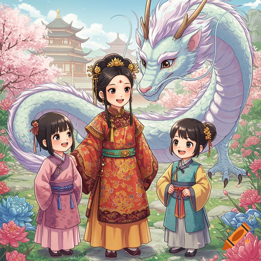 Anime style illustration of children in traditional Chinese clothes with a white dragon in a garden with pagodas.