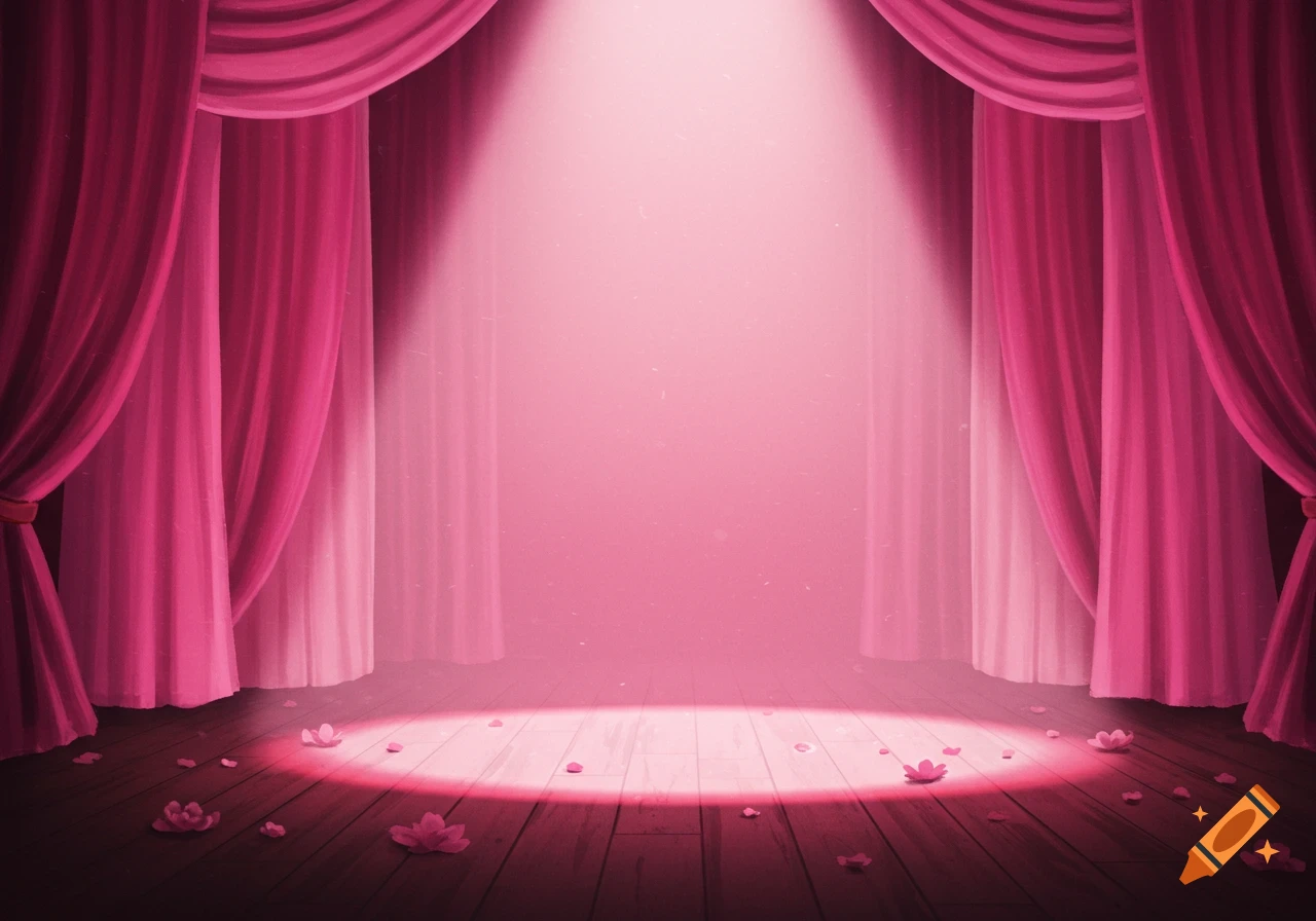 A stage with pink curtains, a spotlight, and flowers on the floor.