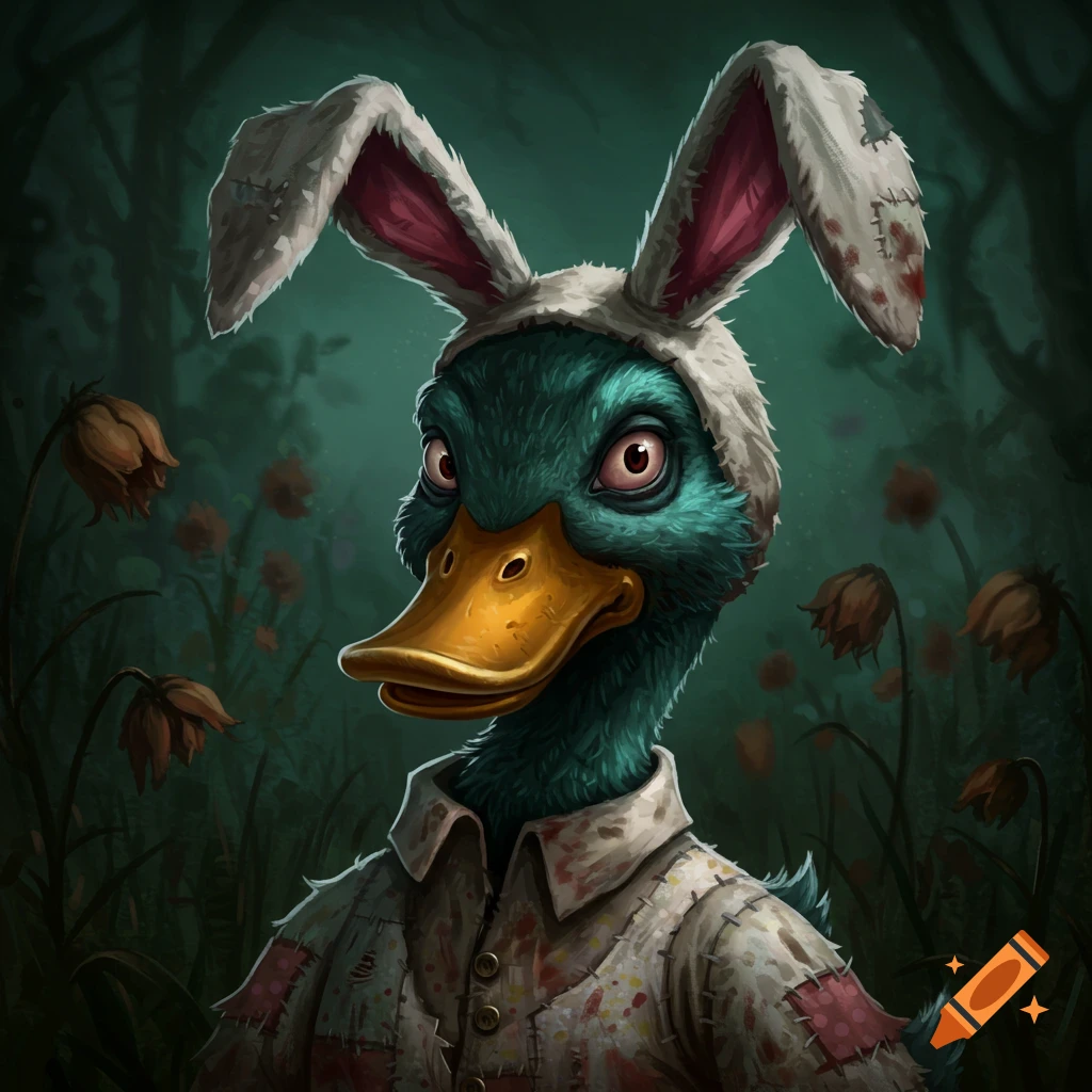 A creepy-looking duck wears a tattered bunny suit in a dark forest setting.