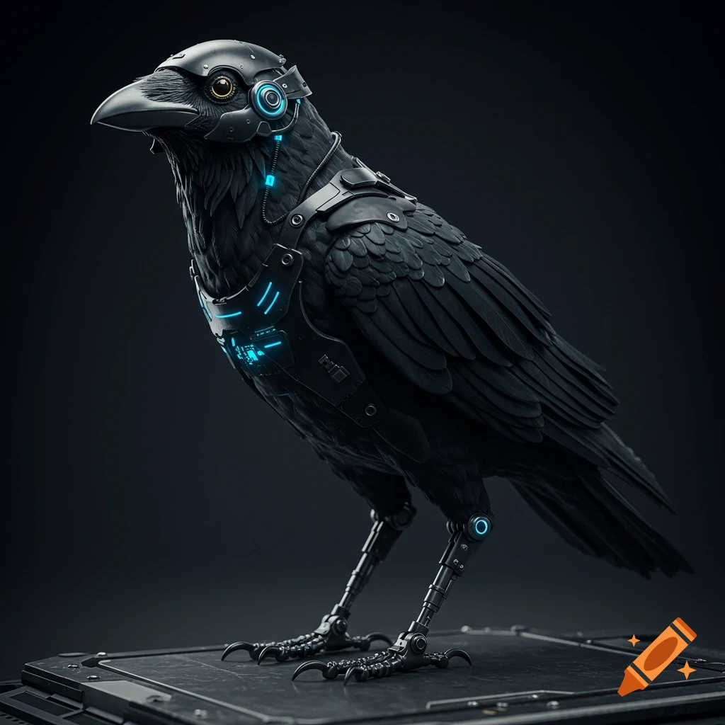 A photorealistic image of a cybernetic raven with glowing blue lights standing on a metal surface.