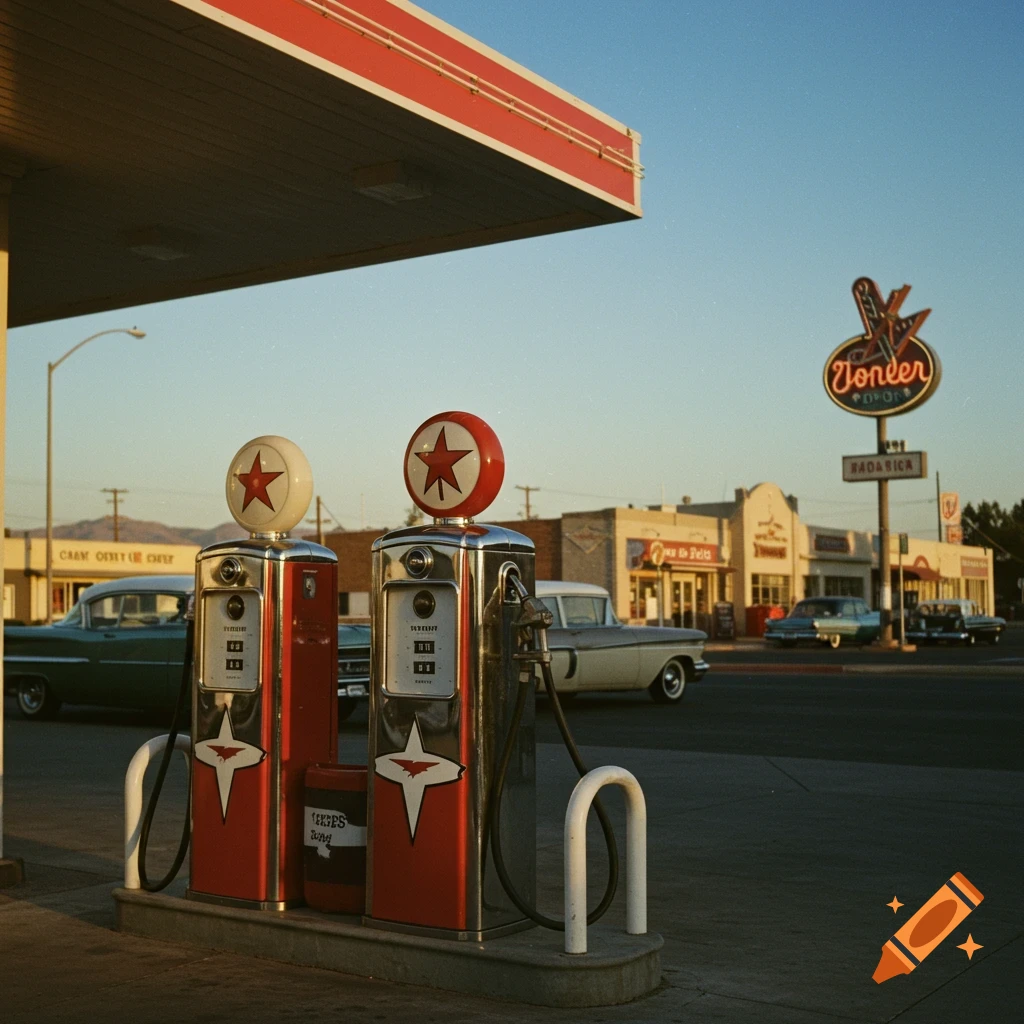 A vintage photo of two red and chrome gas station pumps with classic cars in the background.