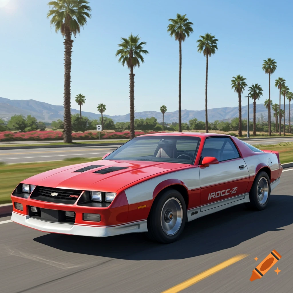 Red and white 1985 Chevrolet Camaro IROC-Z drives on a road with palm trees.