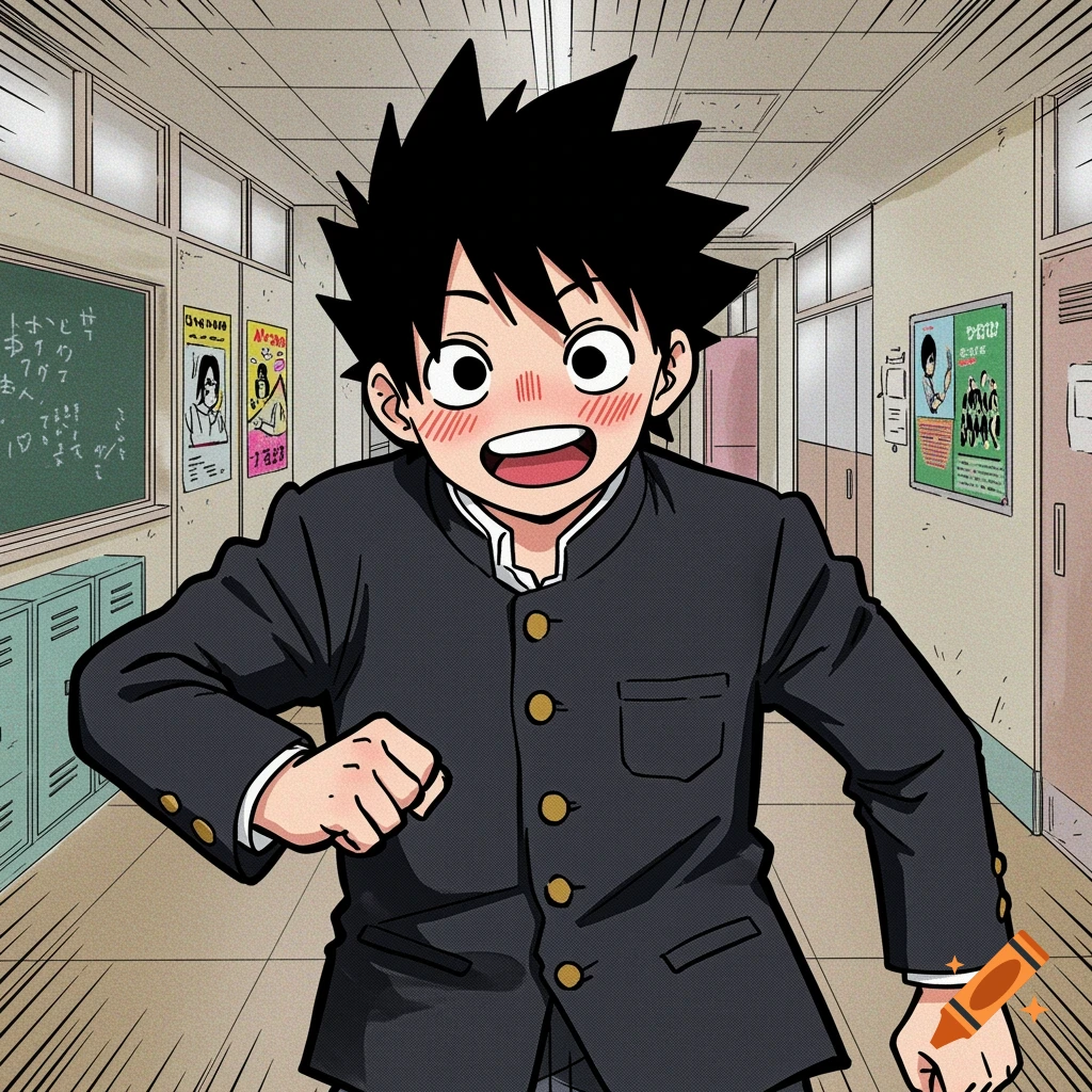 Manga style illustration of a Japanese school boy running down a school hallway.