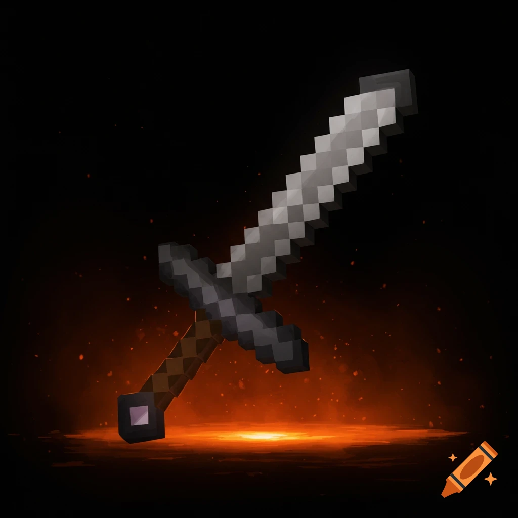 A pixelated Minecraft netherite sword against a dark background with orange glowing embers.