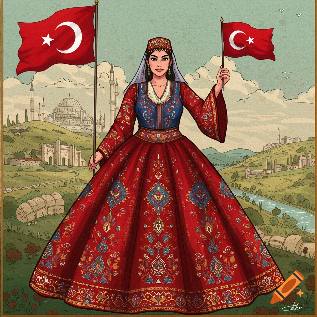 Illustration of a woman in a detailed red traditional Turkish dress holding two Turkish flags in a landscape with mosques and hills.