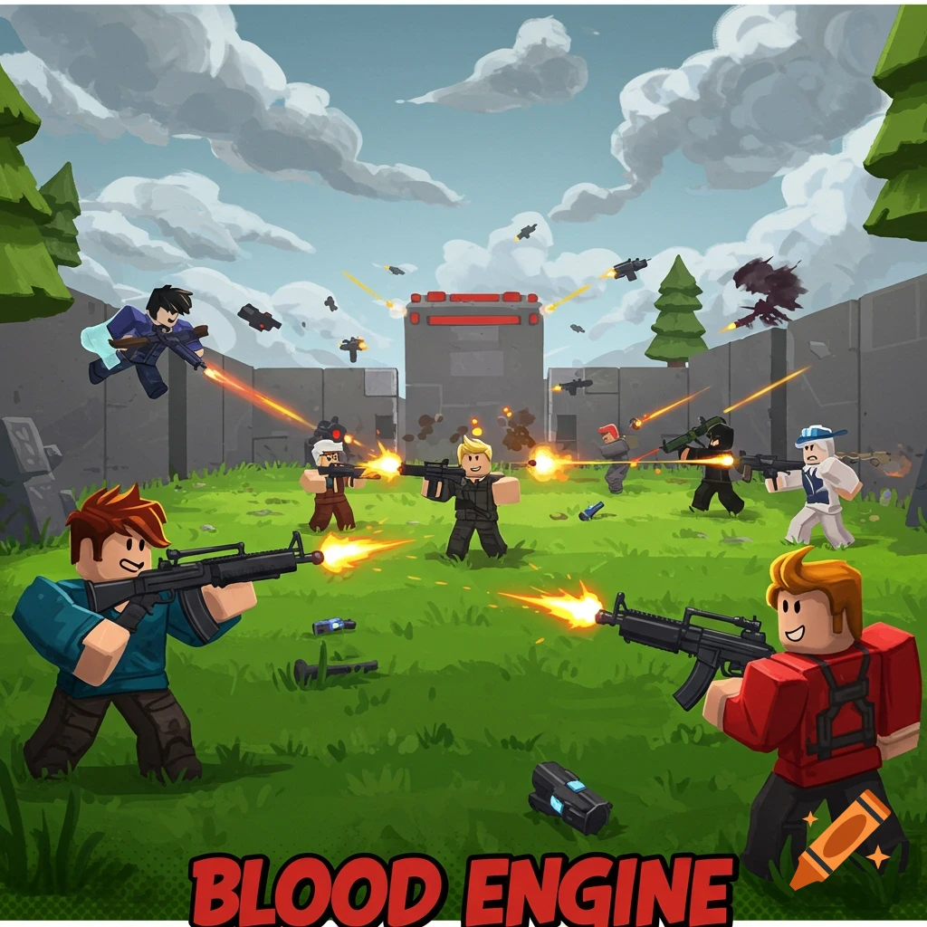 Cartoon blocky characters shooting in a grassy game arena with walls. Text: BLOOD ENGINE.