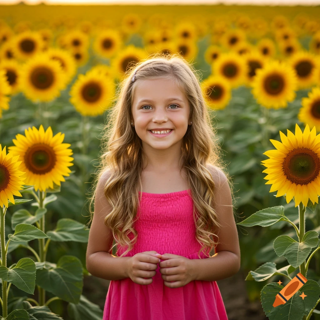 A young girl in a pink dress smiles in a sunflower field at sunset.