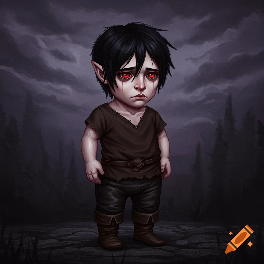 A short fantasy character with red eyes and black hair stands in a dark, cloudy setting.