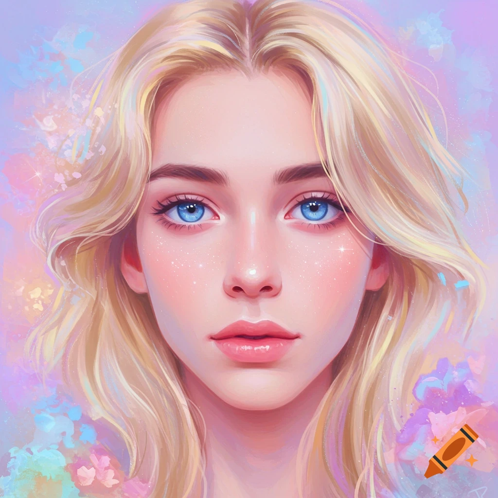A close-up of a young woman with blonde hair and blue eyes against a dreamy pastel background.