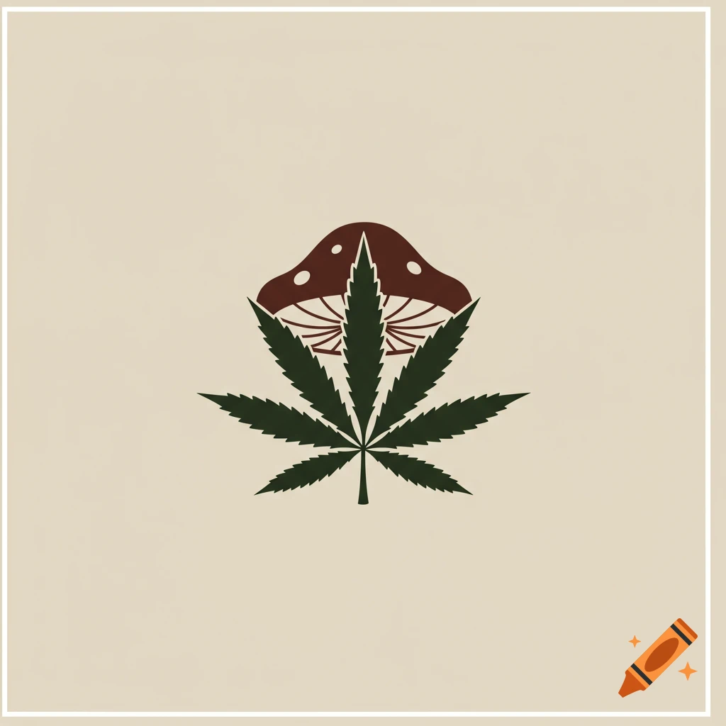 Graphic design logo featuring a green marijuana leaf overlapping a brown mushroom.