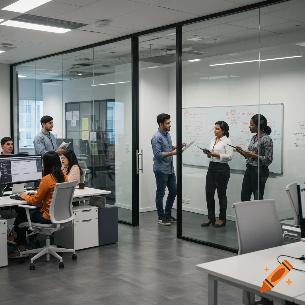 Photorealistic image of people working and meeting in a modern office.