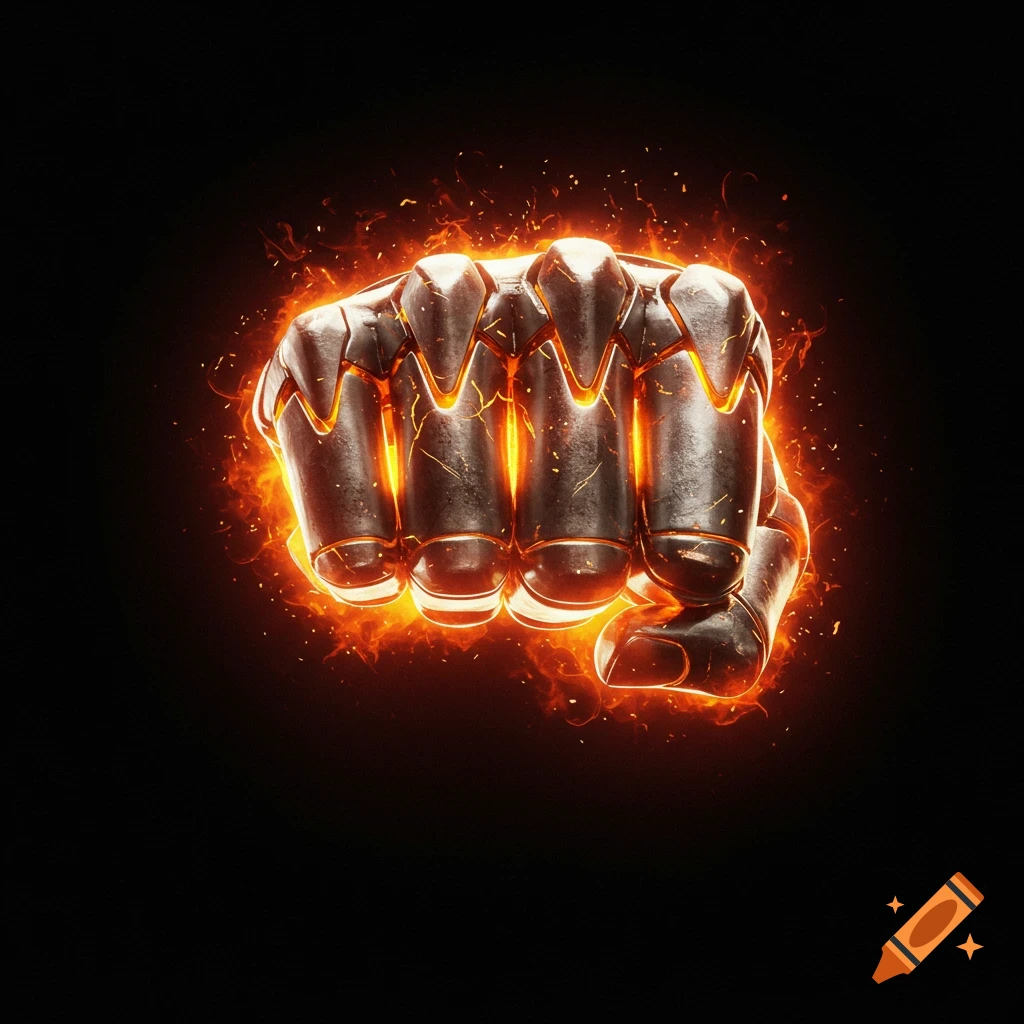 Digital art of a metallic fist surrounded by fiery energy on a black background.