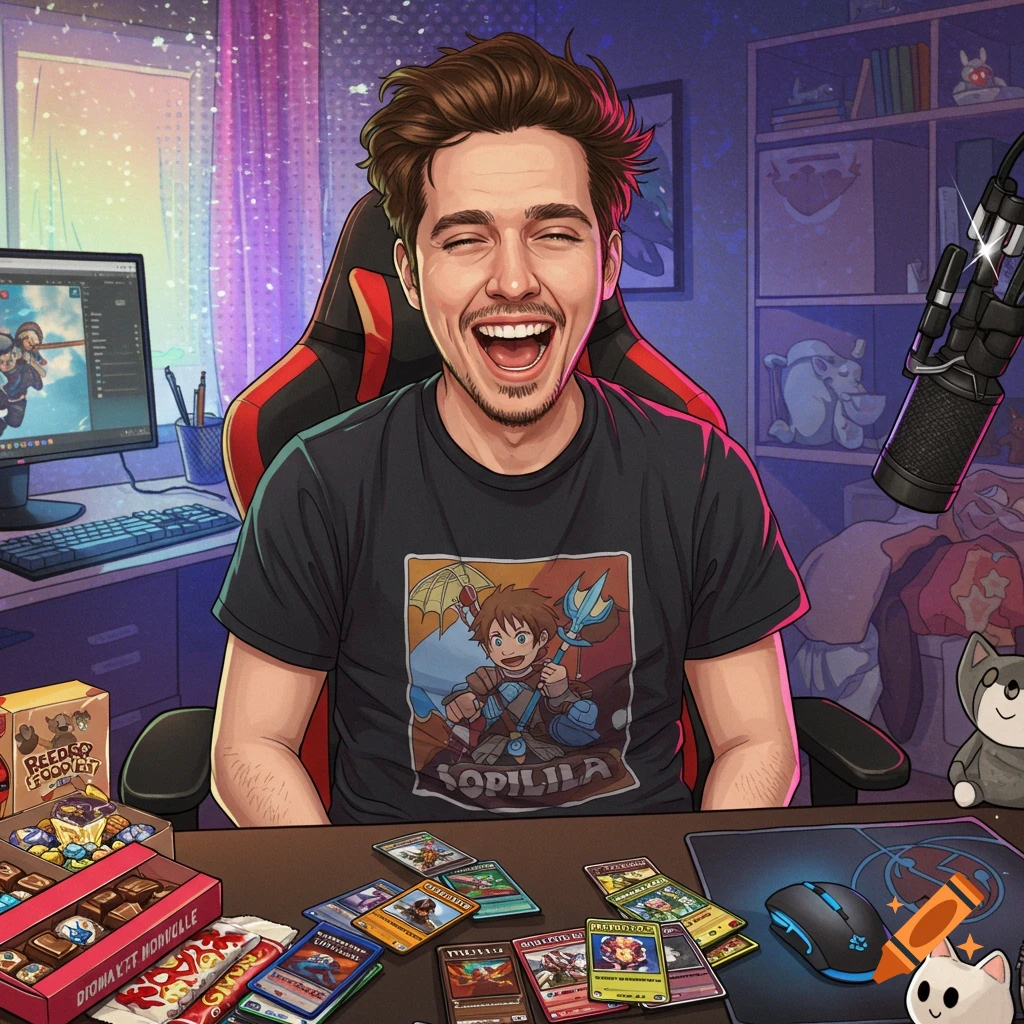 A man laughing while sitting at a desk with gaming gear, trading cards, and snacks in an anime art style.