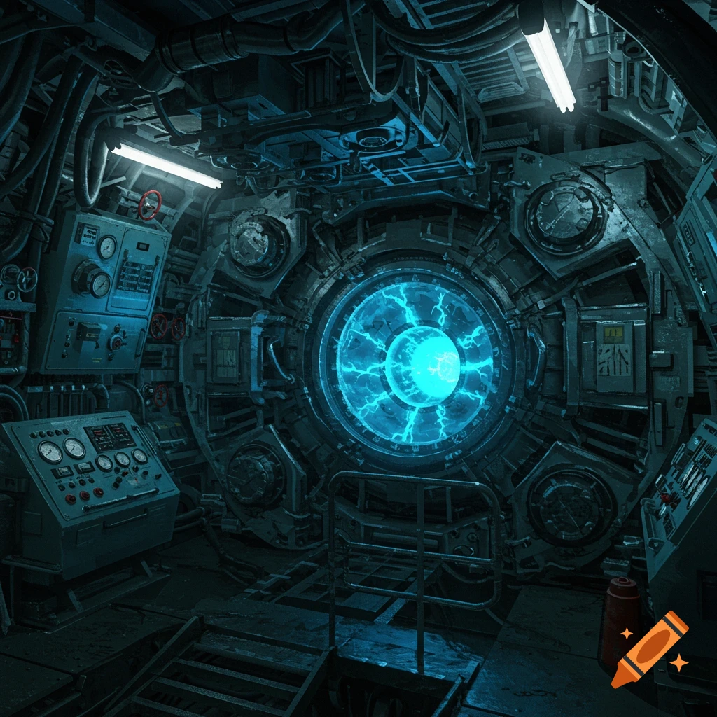 A glowing blue nuclear reactor core is situated inside a futuristic submarine or spaceship chamber, surrounded by consoles and pipes.