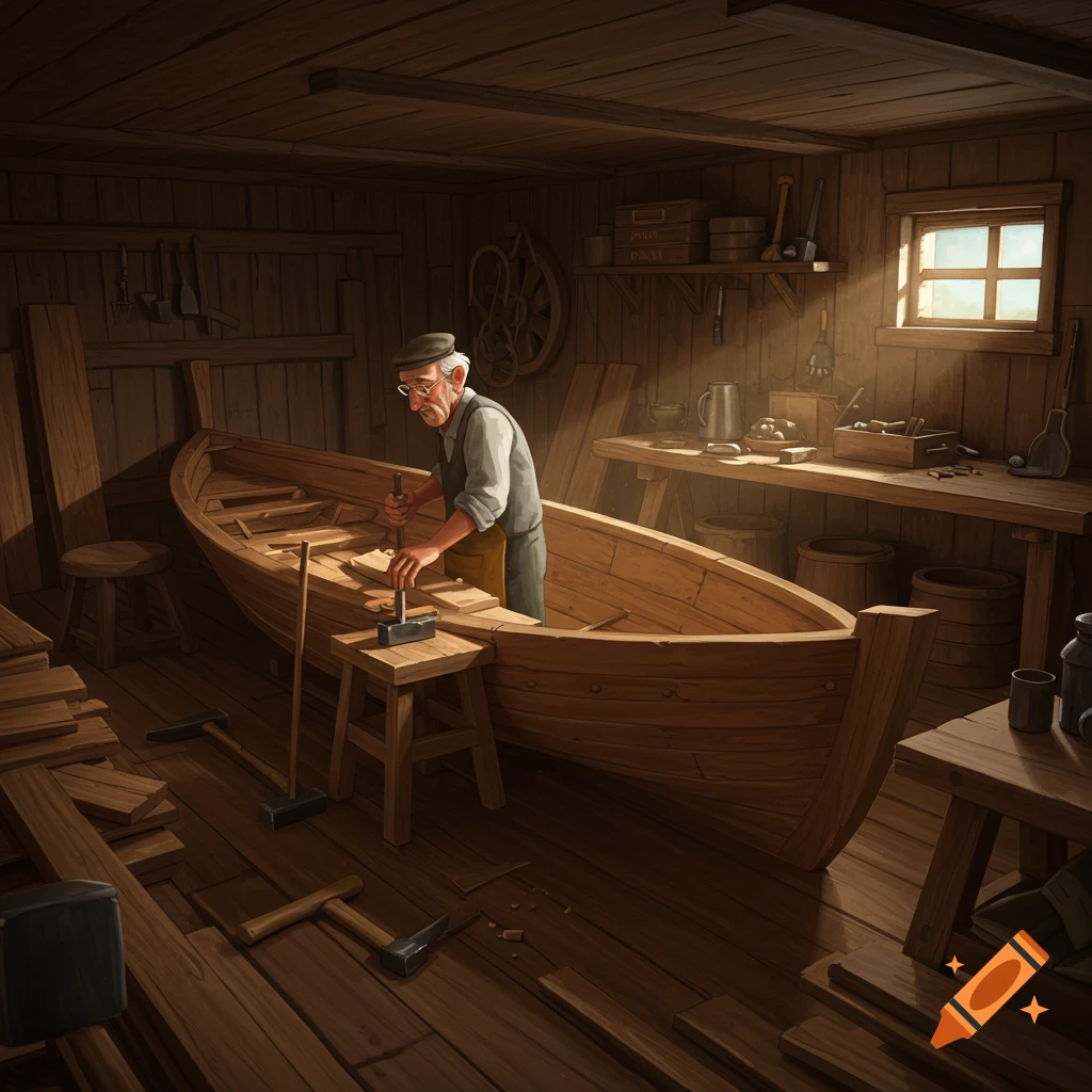 An old man builds a wooden boat in a workshop filled with tools and lumber.