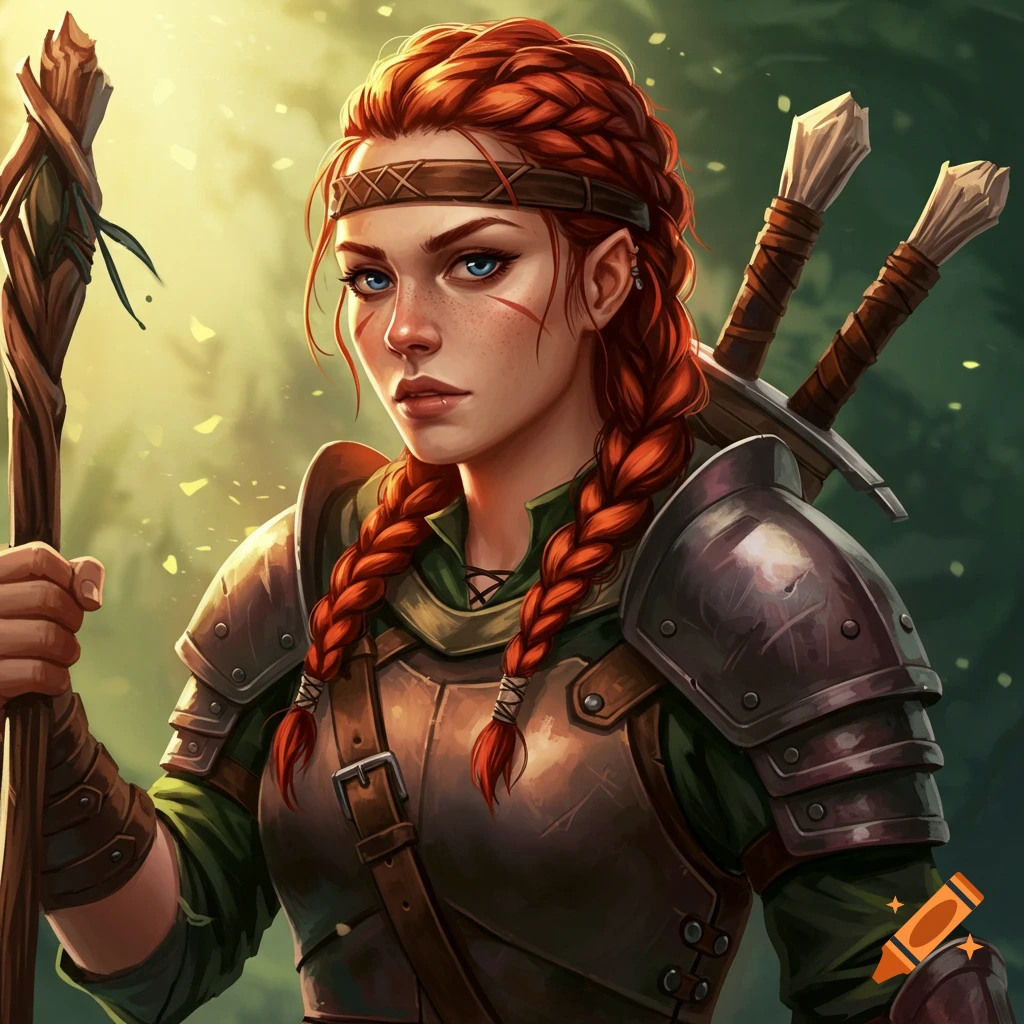 A red-haired woman in medieval armor holding a staff