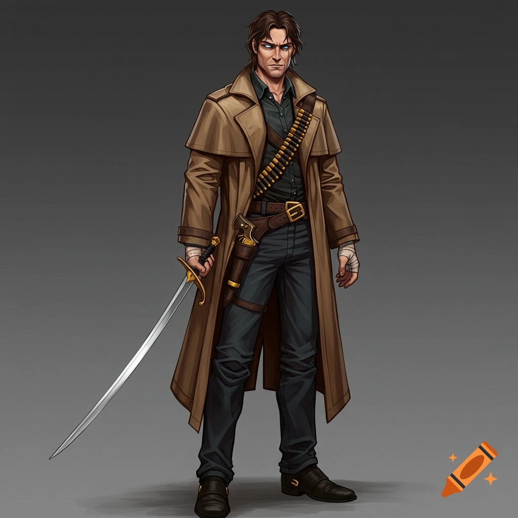 Man with duster, boots, jeans, scar, bandage, revolver, and sword. on ...