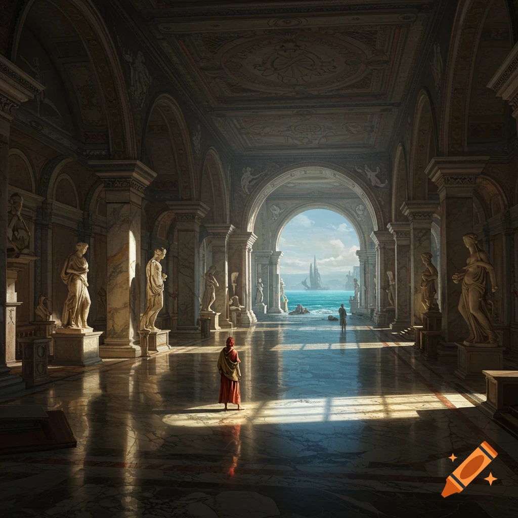 Grand marble hall with statues, columns, and sunlit floor. Archway overlooks a seascape with a ship, figures visible.