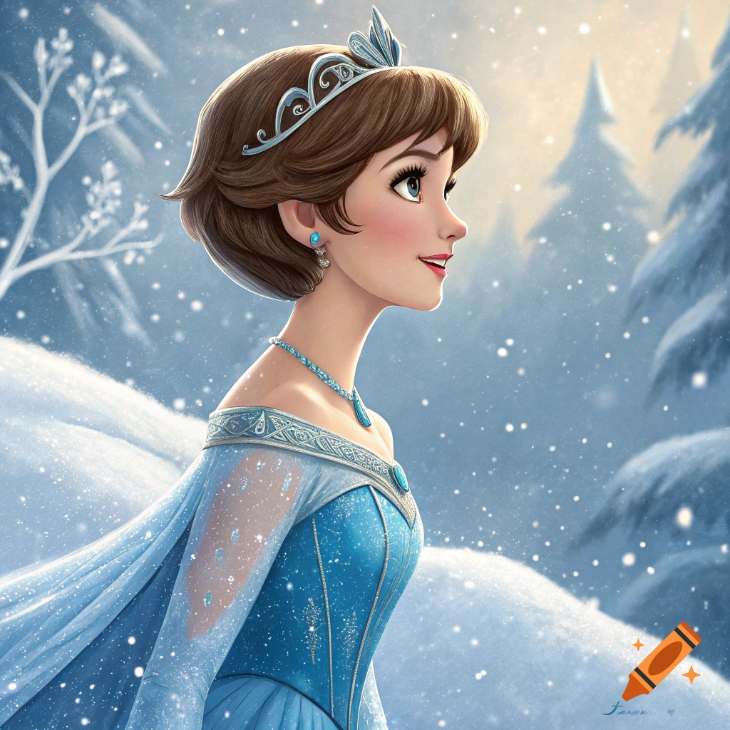 A cartoon princess with brown bob hair and blue dress stands in a snowy forest.