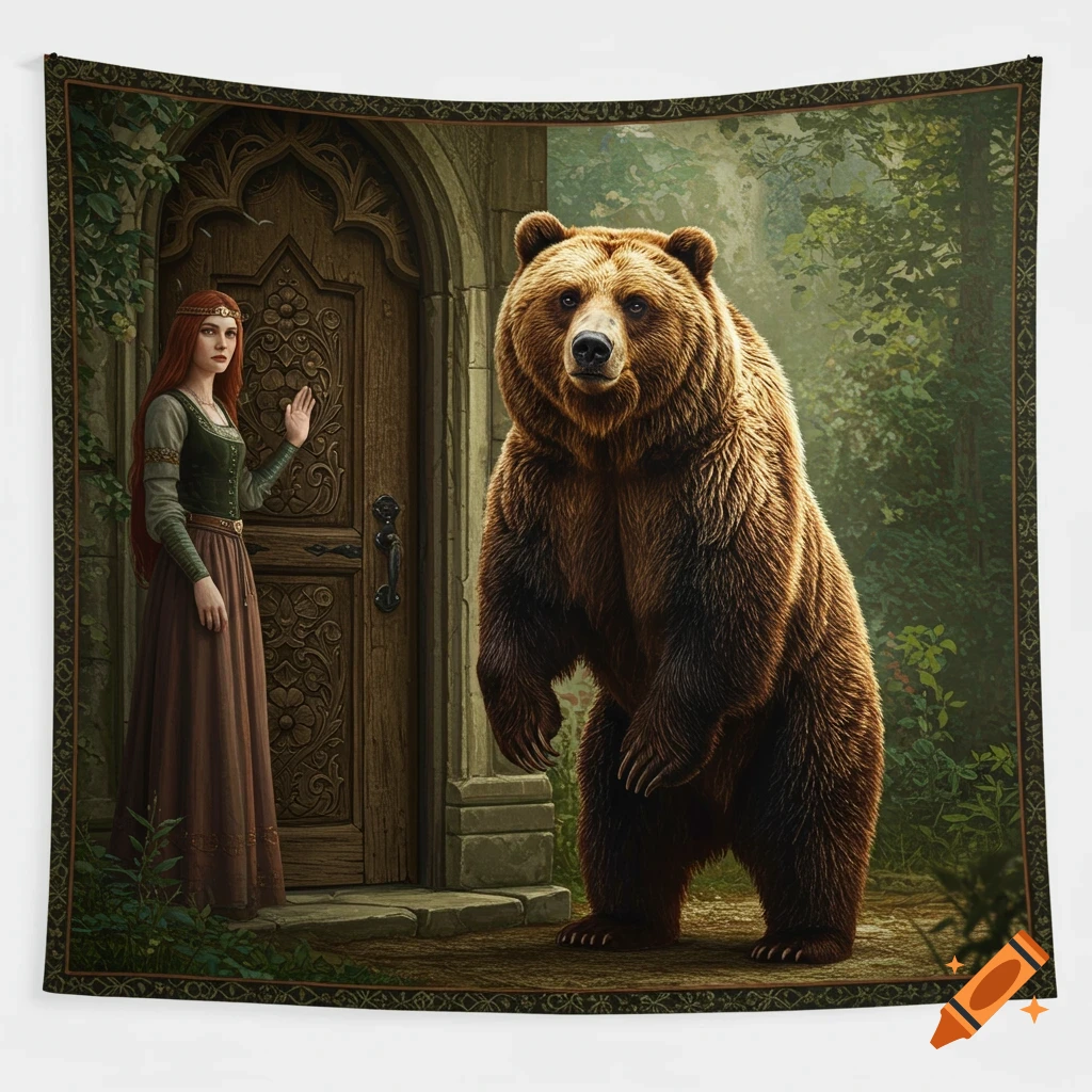 A woman in medieval clothing stands beside a large bear near a wooden door, in a tapestry style.