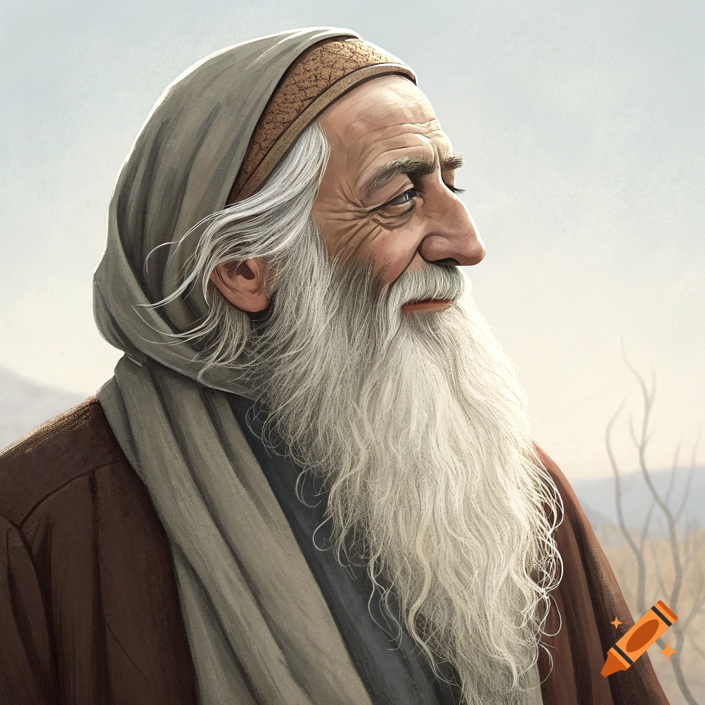 Illustrative portrait of an elderly man with a long white beard, looking right.