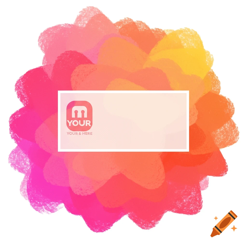 Colorful abstract brushstrokes in pink, orange, and yellow, featuring a white box with a logo and placeholder text.