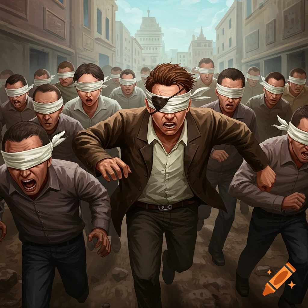 A blindfolded mob is chasing a man with an eyepatch down a street.